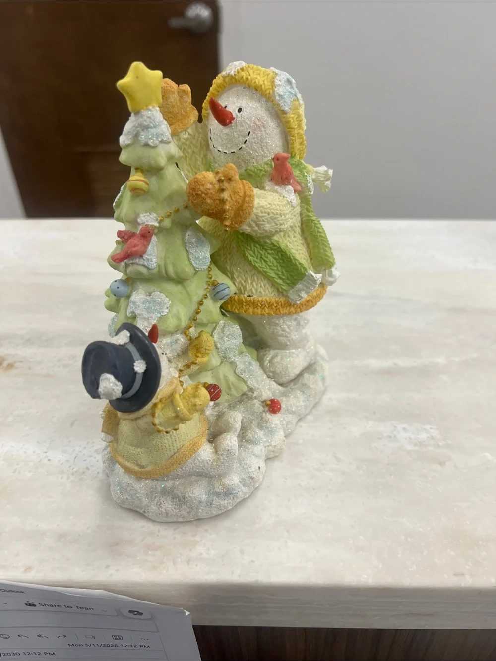 Russ White and Green Snowman with Tree Holiday Pillow Figurine